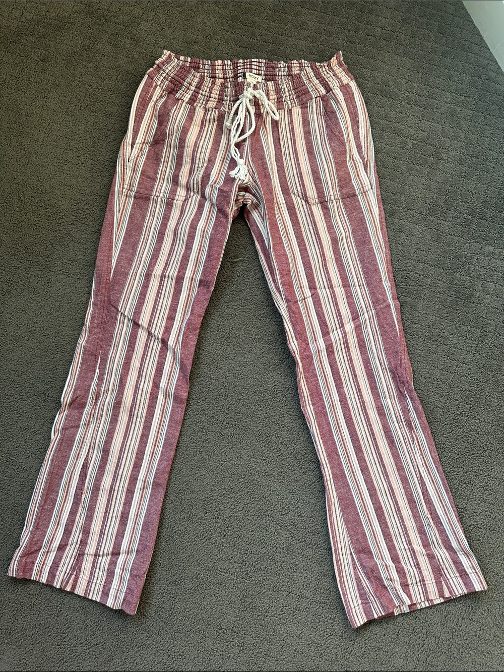 Roxy Womenβs Burgundy Stripe Linen-Blend Drawstring Pants